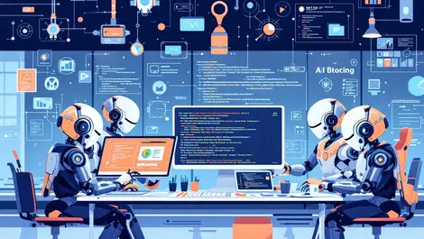 Ai robots collaboratively building software code in modern tech workspace