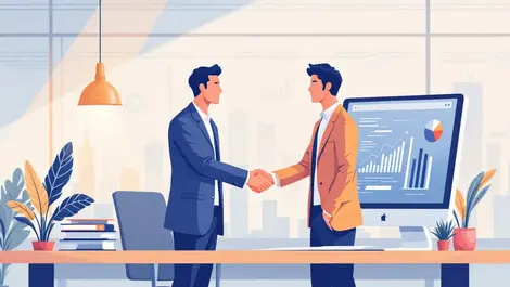 Two business professionals shaking hands computer data charts modern canadian office technology automation engineering consulting