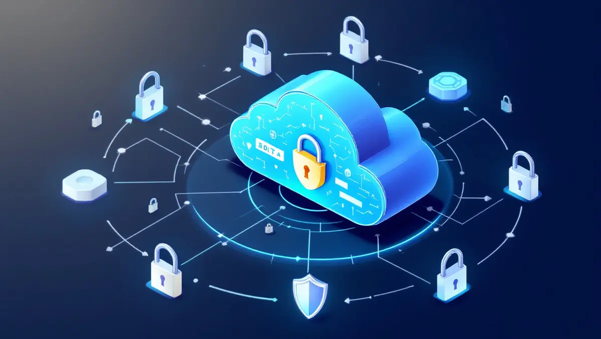 Secure digital cloud illustration locks shields data nodes privacy security