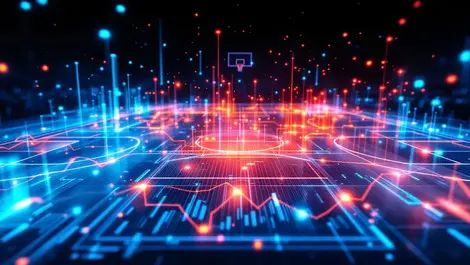 Digital basketball court glowing data lines player movement analytics