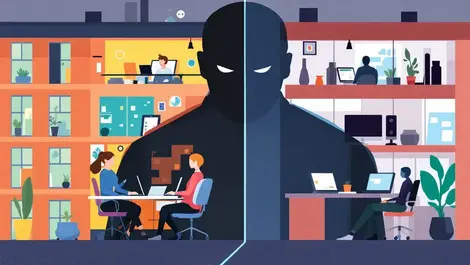 Uk office building split remote work office cyber threats shadowy figure