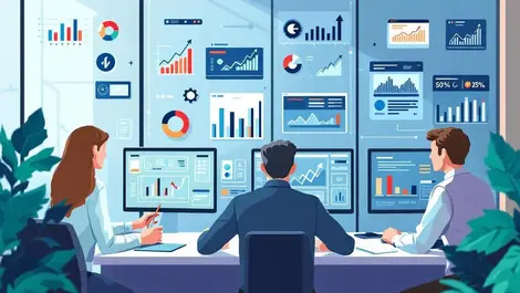 Business professionals analyzing financial charts in office upgrading finance software