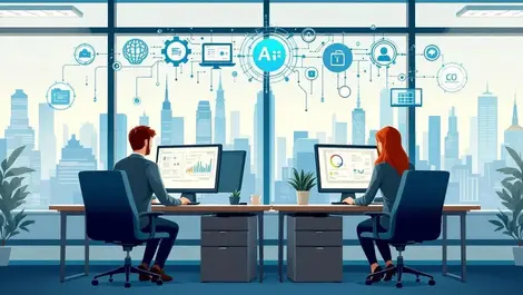 Canadian office workers computers ai data security icons modern cityscape