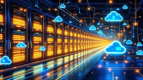 High tech data center india glowing servers energy efficient networking ai clouds