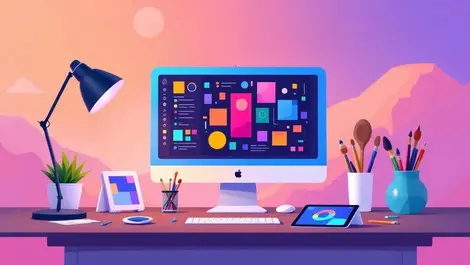 Creative workspace computer colorful design artistic tools digital tablet new zealand landscape