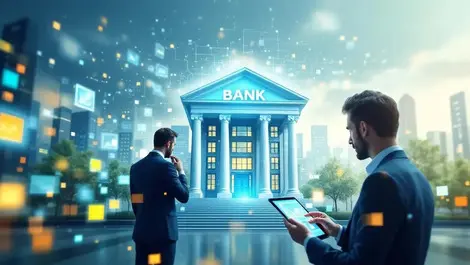 Modern bank building ai algorithms digital patterns executives discussing data visualizations