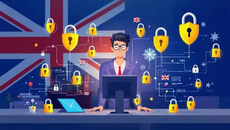 Small business office cyber protection locks shields australian british flags