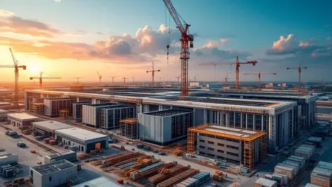 Large modern data center under construction cranes equipment server infrastructure