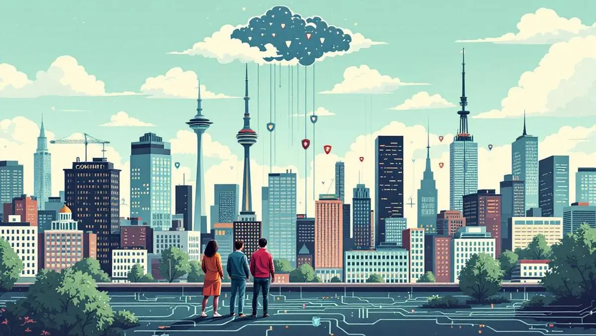 Canadian city skyline business buildings connected by old computer cables and it cybersecurity team examining cloud symbols