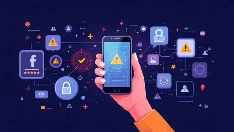 Hand holding smartphone with digital warnings and security breach icons