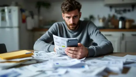 Worried british adult overdue bills financial documents smartphone social media uk home