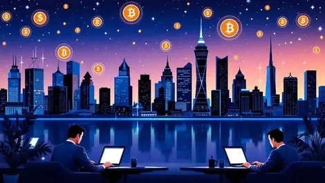 Canadian city skyline cyber digital currency symbols business entrepreneurs