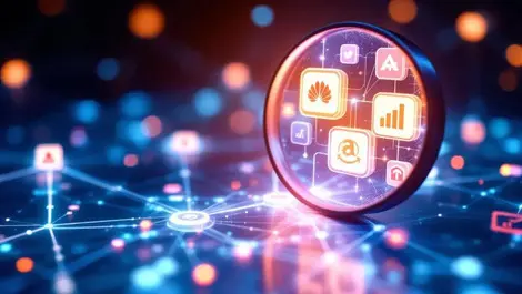 Magnifying glass glowing digital network interconnected brand logos ai search visibility