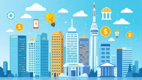 Canadian city skyscrapers financial technology smartphones digital coins banking icons