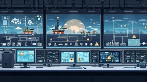 Industrial control room servers network cables warning signs vulnerability oil rigs power plants