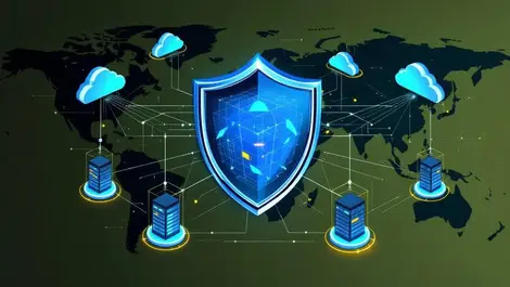 Network shield protecting interconnected servers clouds global map cybersecurity defense