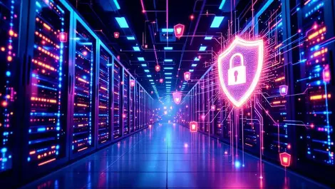 Realistic modern data center server racks glowing lights security shields