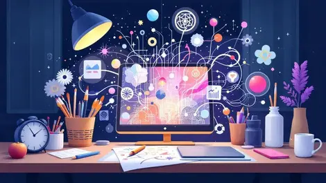 Artist desk traditional art supplies blended with digital tools stylus tablet ai shapes