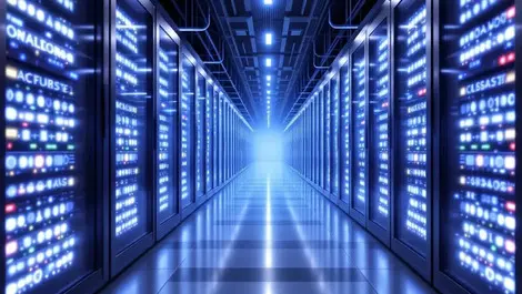 Realistic modern data center aisle energy efficient cooling secure ai storage