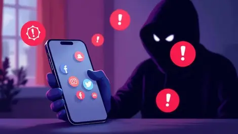 Smartphone social media icons red alerts shadowy figure online scams uk home