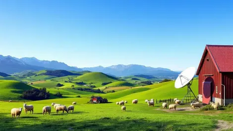 New zealand farm landscape sheep modern satellite dish barn broadband