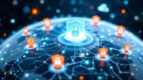 Realistic illustration interconnected computer servers networks shield lock icons global risk management ai supply chains