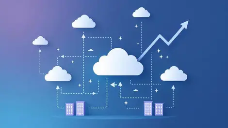 Cloud network business buildings growth integration upward trending arrows