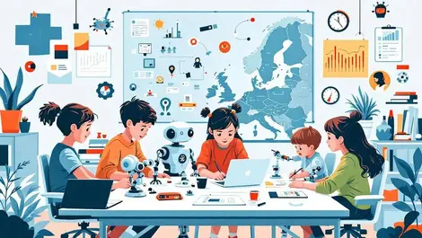 European schoolchildren collaborating on robotics ai projects in classroom