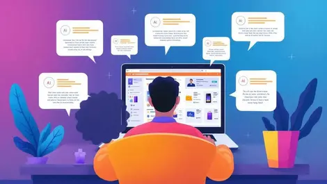 Shopper using laptop with ai generated summary bubbles for online shopping trust