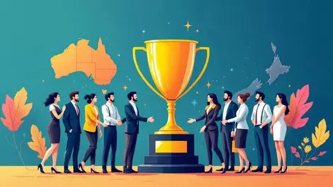 Trophy business professionals shaking hands australia new zealand background