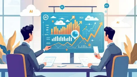 Business professionals analyzing digital data charts ai icons clouds increasing roi