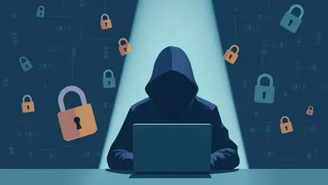 Shadowy figure at computer surrounded by digital code and padlocks cybercrime threats