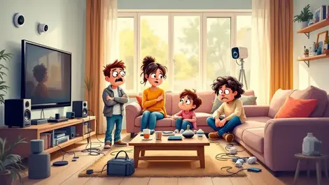 Frustrated british family tangled wires smart devices modern uk home