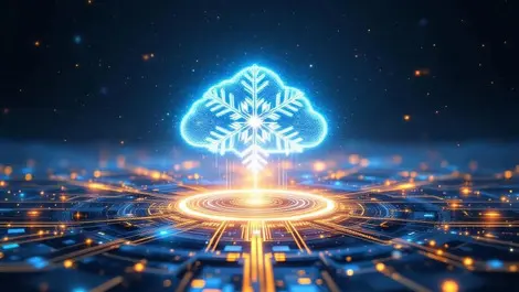 Cinematic snowflake cloud datacenter over golden ai circuitry