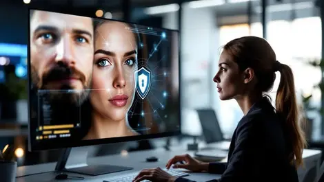 Businesswoman deepfake detection real vs distorted faces cyber shield