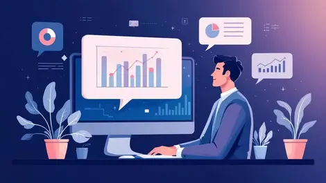 Modern office pro using chat interface with flowing data graphs