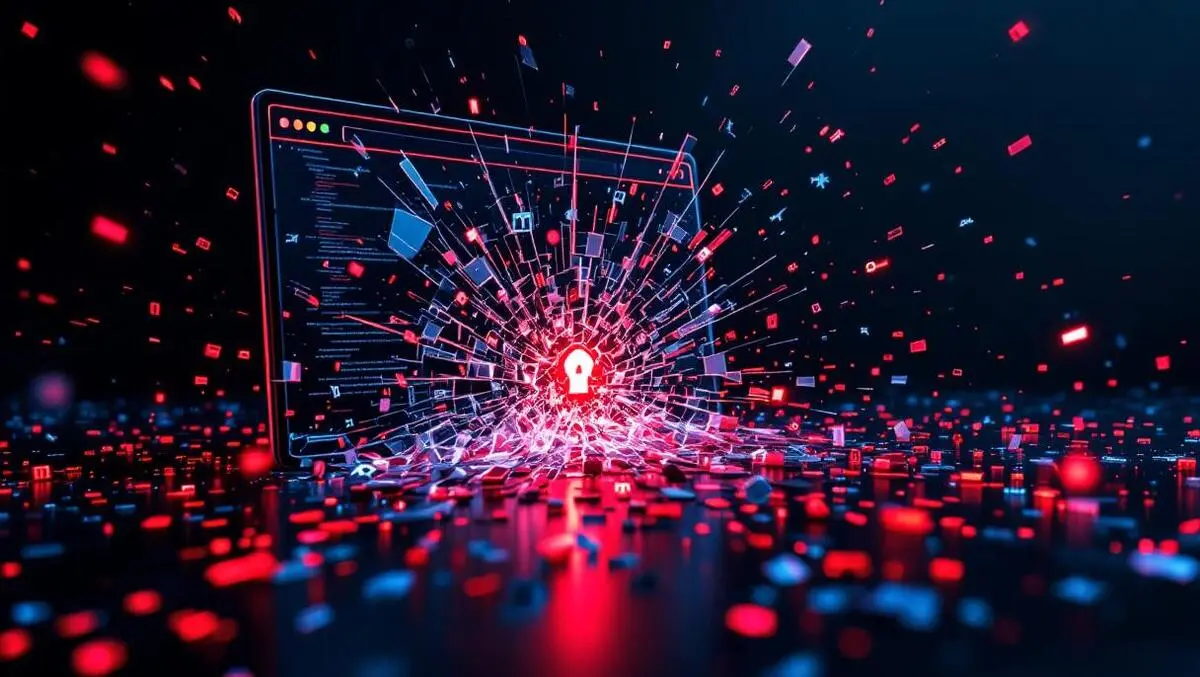 Cinematic browser shattered glass keys spilling leaked tokens