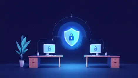 Small office cybersecurity cloud shield network minimalist illustration