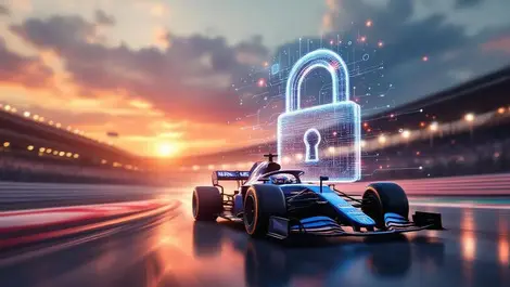 Williams f1 dusk race with abstract cybersecurity shield art