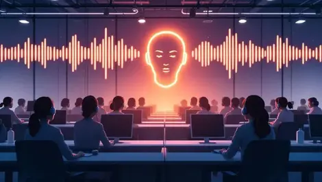 Modern call center agents with ai voice waveform face above desks