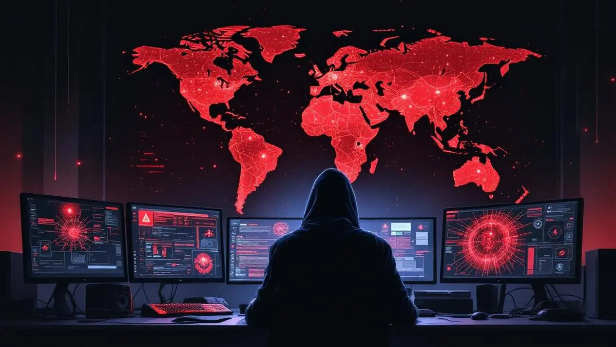 Shadowy hacker dark office red warnings world map cyber attacks