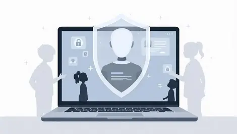 Ai chatbot laptop with translucent shield protecting families privacy