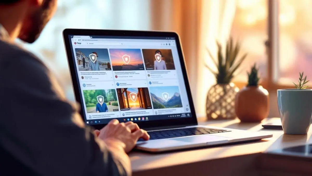 Nz adult watching laptop with social video thumbnails fraud shield