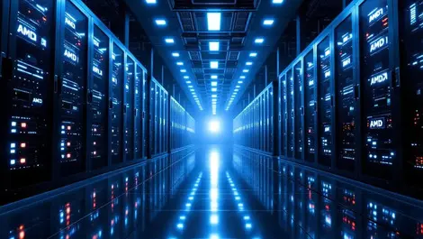 Cinematic modern data center with amd gpus meta colors glow