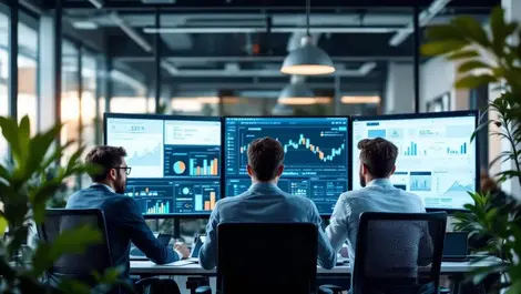 Ai consulting team in modern office reviewing analytics dashboards