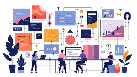 Modern minimalist software startup workspace modular blocks pipelines