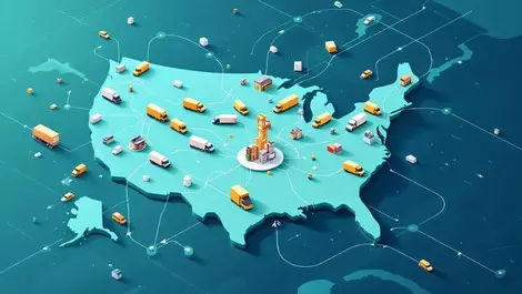 Aerial logistics trucks over us map optimized routes san francisco