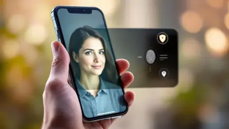 Smartphone biometric face scan with security icons fraud safe