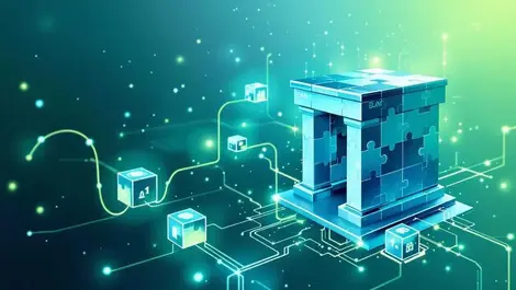 Modular puzzle bank digital flows ai data cubes iso style blue