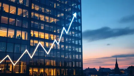 Copenhagen glass office tower dusk ai revenue growth reflections